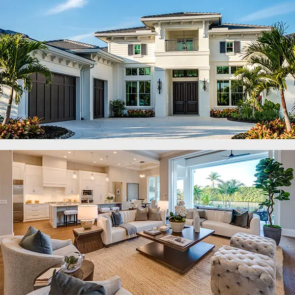 Exterior and great room of a completed South Florida luxury custom home, showing the finish consistency to look for in a builder's portfolio