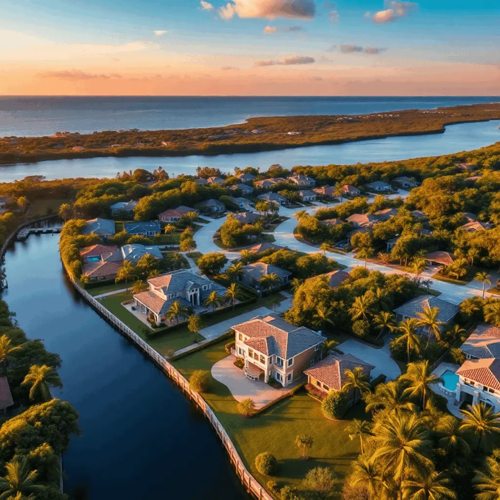 Aerial view of a luxurious coastal neighborhood at sunset with elegant homes, spacious lots, lush greenery, and sparkling waterways.