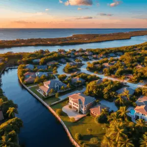 Aerial view of a luxurious coastal neighborhood at sunset with elegant homes, spacious lots, lush greenery, and sparkling waterways.