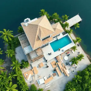 Aerial view of a luxury coastal home under construction, surrounded by greenery and water, with professionals collaborating amid timber, stone slab...