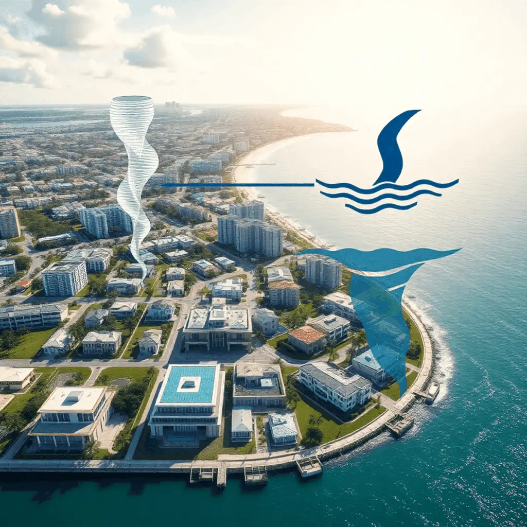 Architectural blueprint over coastal cityscape with luxury homes, abstract wind and water symbols, under a bright sunny sky.