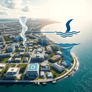 Architectural blueprint over coastal cityscape with luxury homes, abstract wind and water symbols, under a bright sunny sky.