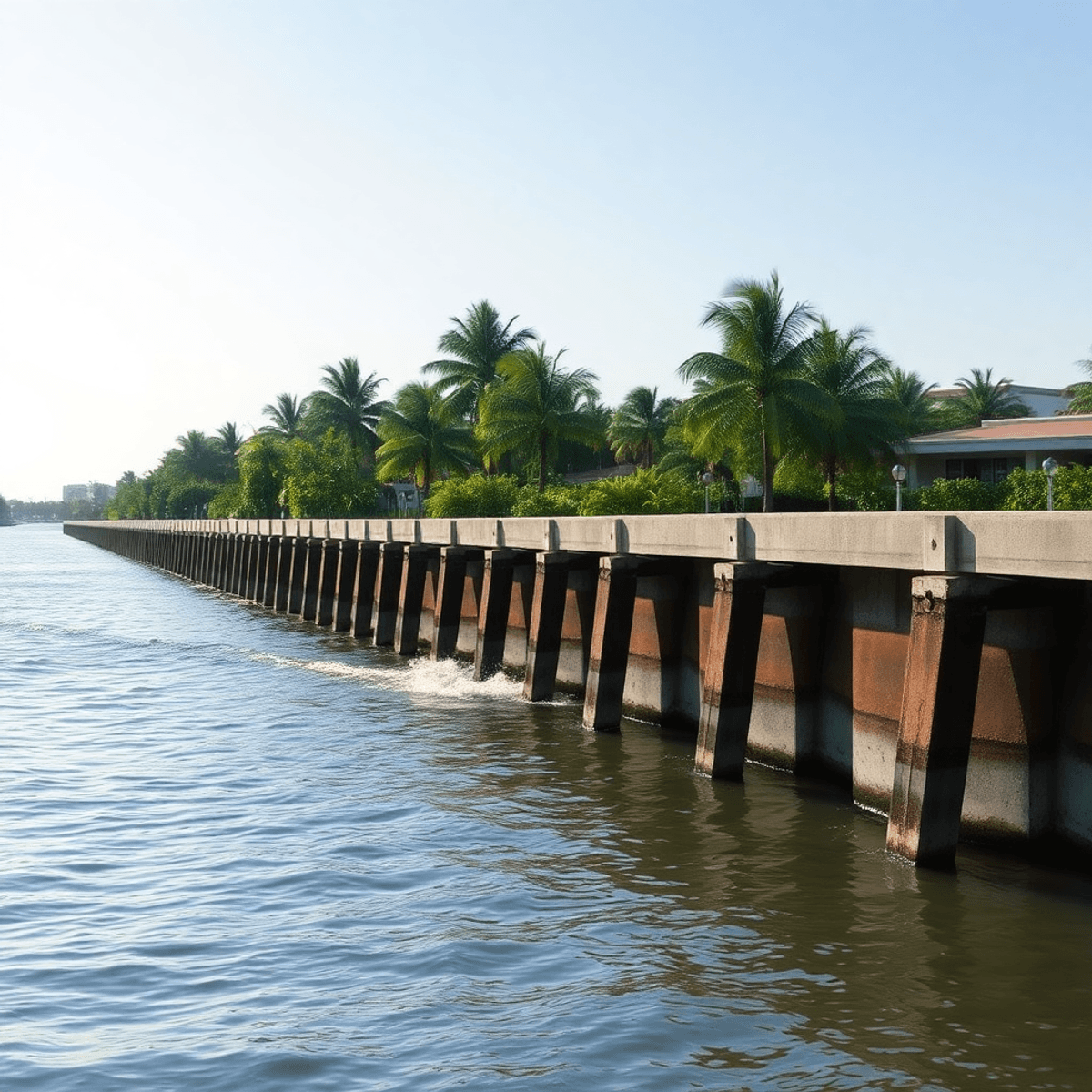 Concrete seawall with capped top and buttressed panels along a South Florida canal, showing weep discharge and waterline staining