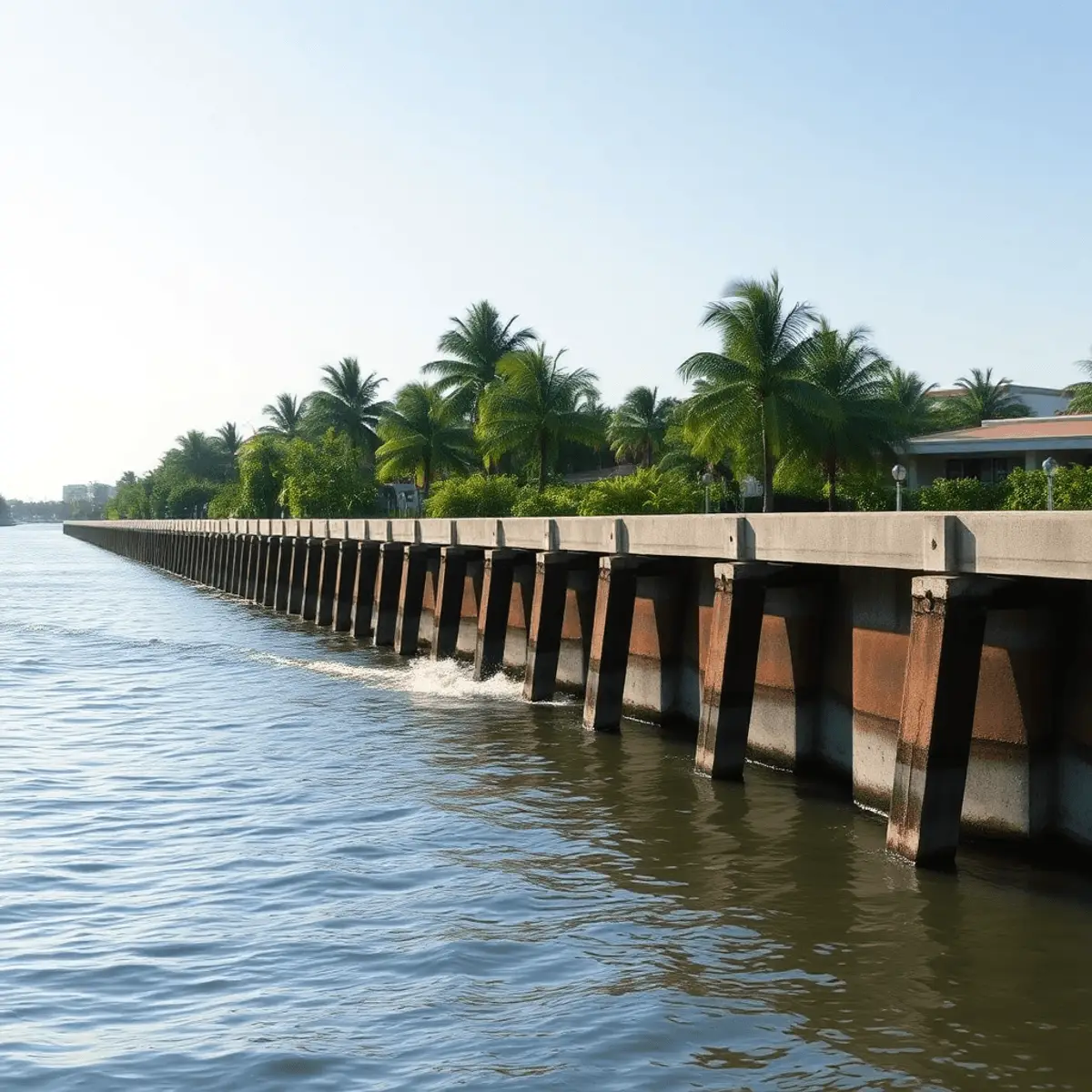 Concrete seawall with cap and weep discharge on a calm canal, the condition check that precedes waterfront builds