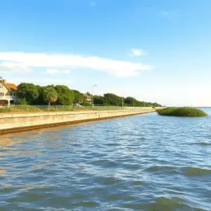 Calm coastal property with a modern seawall, gentle waves, lush mangroves, and a bright blue sky in a realistic waterfront scene.