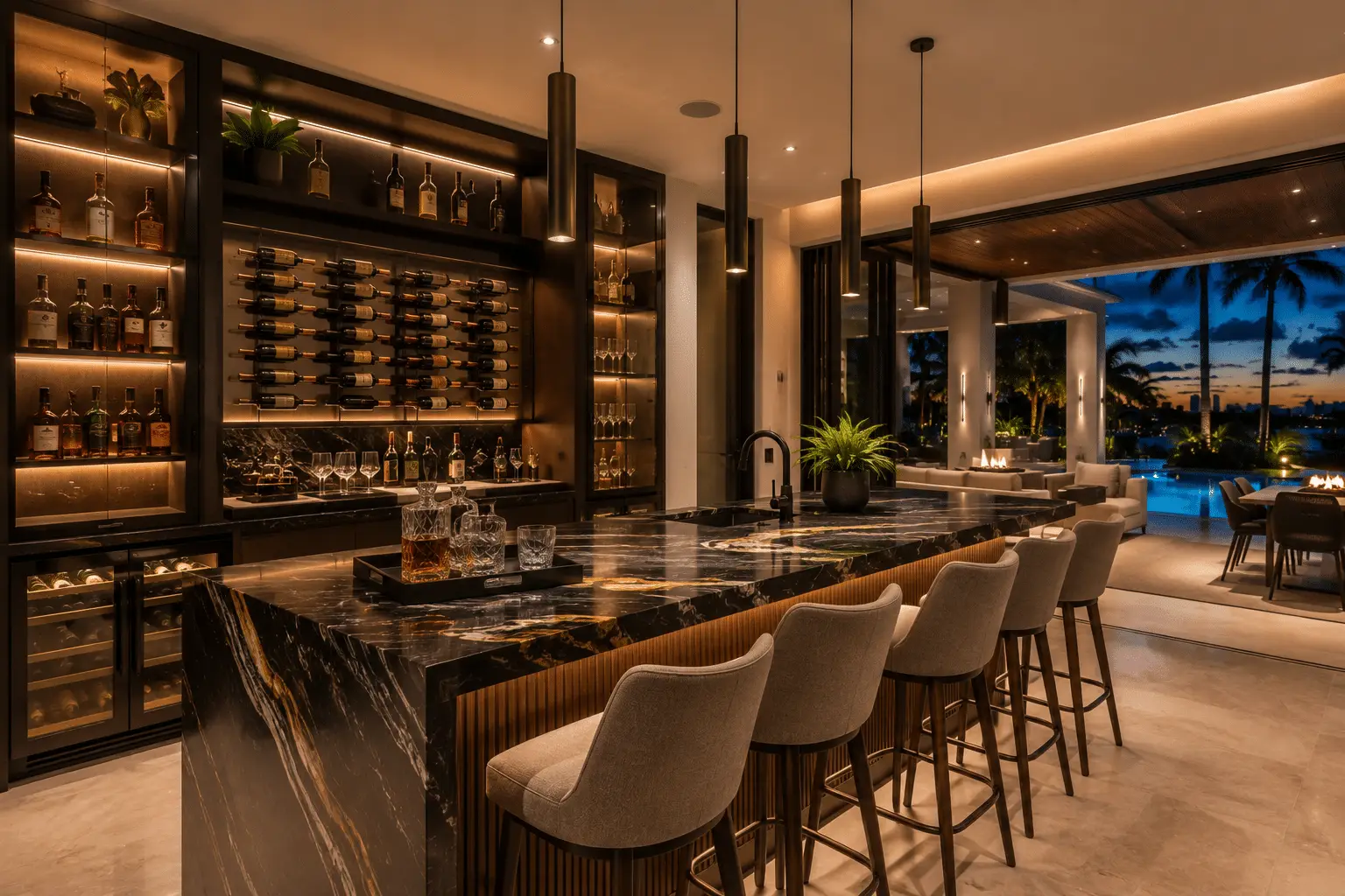 Luxury Homes Built for Hosting Family and VIP Guests: 9 Essentials - 2 Luxury home bar and lounge designed for hosting VIP guests, with backlit shelving and stone counters
