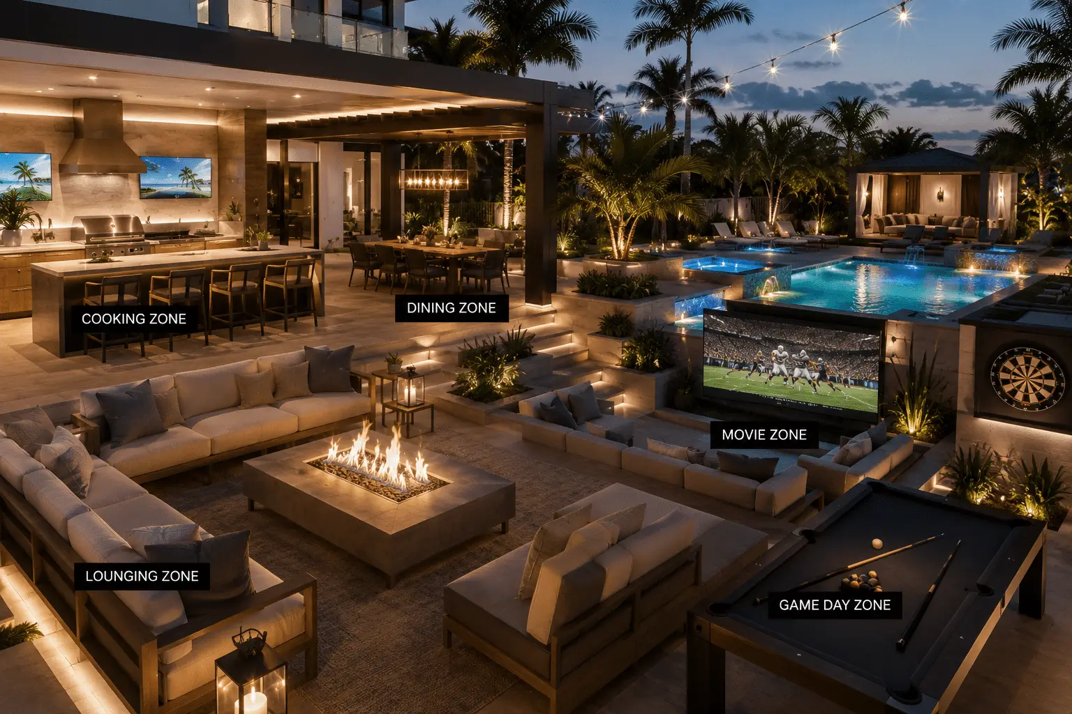 Outdoor living zone diagram of the kind used to plan porches and shaded rooms in key west style home design