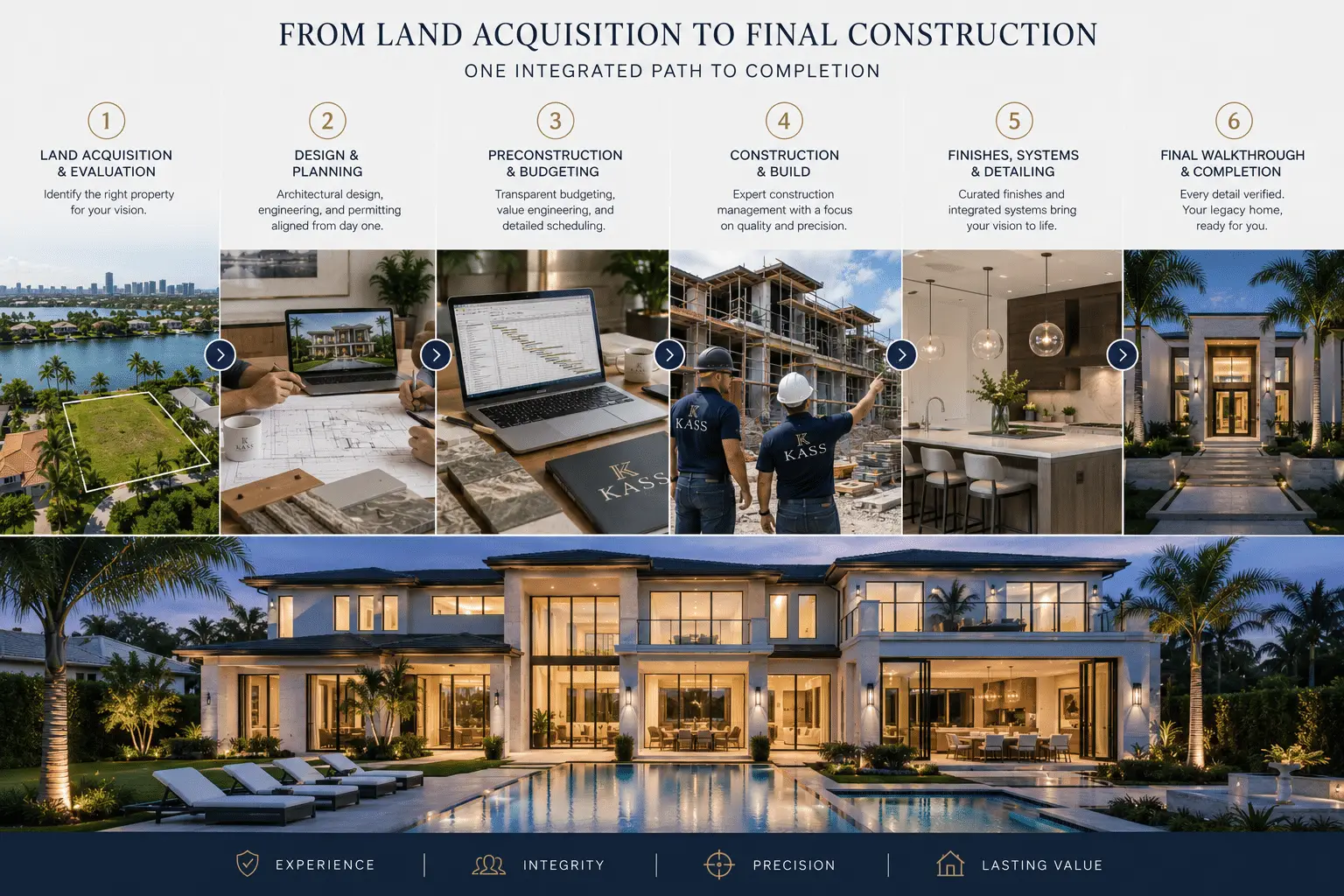Bermuda Riviera Waterfront Homes: Architect-Driven Estates - 3 Kass Construction six-step process from land acquisition and design through preconstruction, build, finishes, and final walkthrough