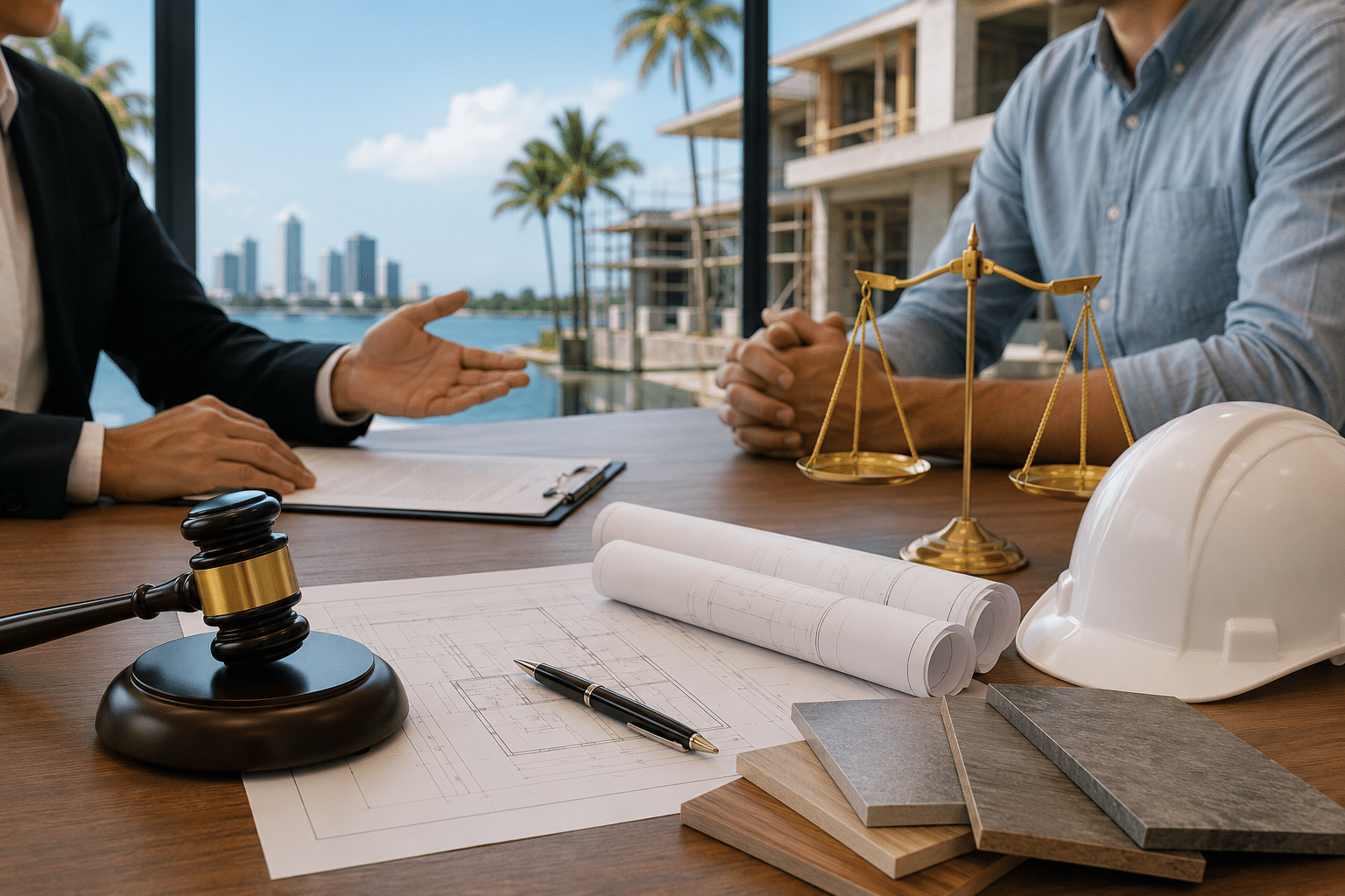 Construction contract and permit review meeting: attorney and homeowner at a table with blueprints, a hard hat, material samples, and a waterfront build site behind them