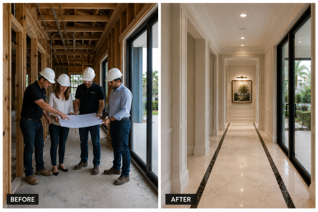 before/after quality verification shots, completed luxury home exteriors