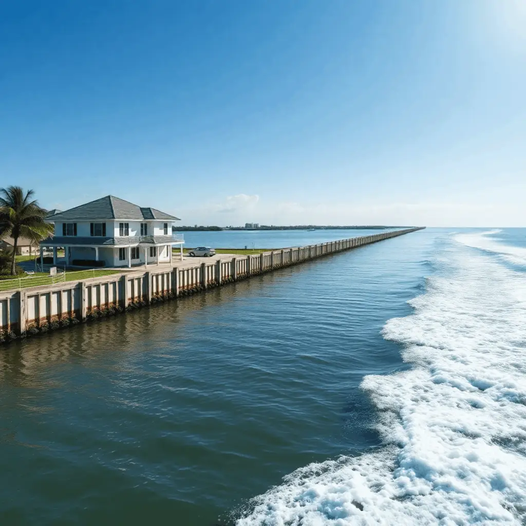 Coastal home on elevated foundation by seawall, calm intracoastal water with boat wakes on one side, open ocean waves on the other under a bright sky.