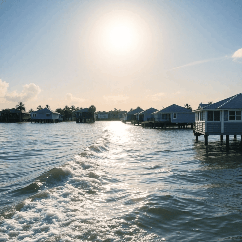 Coastal neighborhood with elevated homes on stilts near calm water and gentle waves under a bright sky, illustrating flood risk in a serene setting.