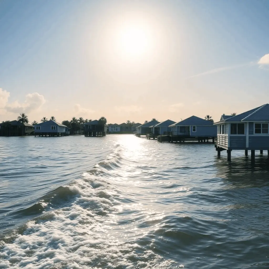 Coastal neighborhood with elevated homes on stilts near calm water and gentle waves under a bright sky, illustrating flood risk in a serene setting.