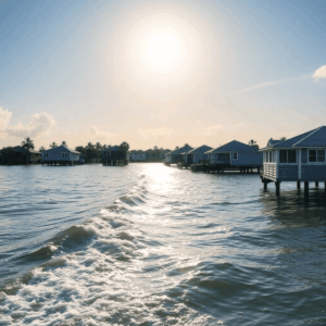 Coastal neighborhood with elevated homes on stilts near calm water and gentle waves under a bright sky, illustrating flood risk in a serene setting.