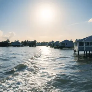 Coastal neighborhood with elevated homes on stilts near calm water and gentle waves under a bright sky, illustrating flood risk in a serene setting.
