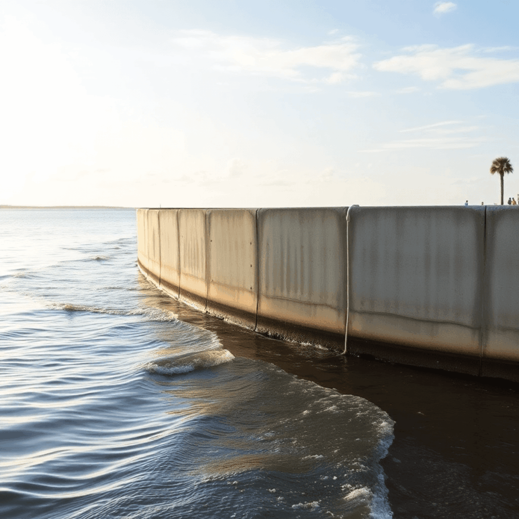 Concrete and vinyl seawall protecting a coastal property with calm water and a bright sky in a peaceful South Florida waterfront scene.