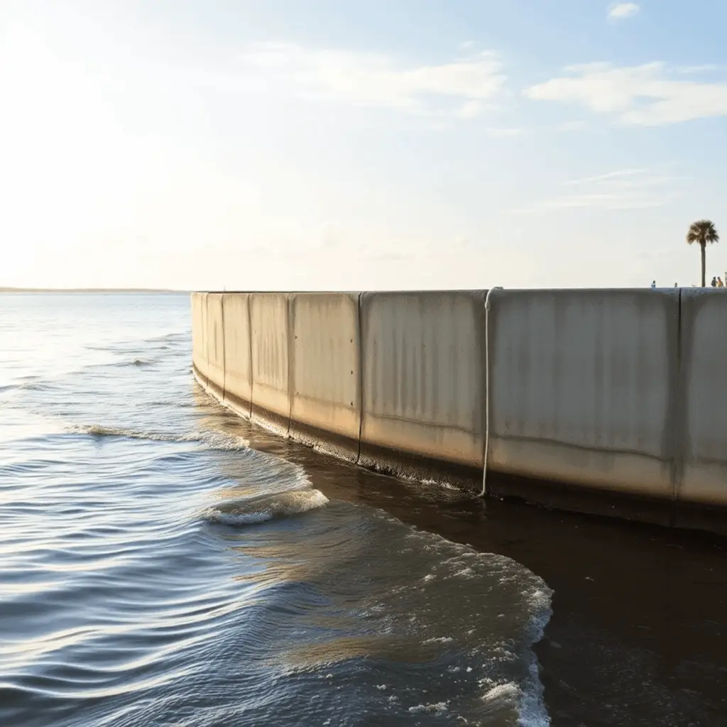 Concrete and vinyl seawall protecting a coastal property with calm water and a bright sky in a peaceful South Florida waterfront scene.