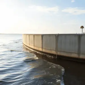 Concrete and vinyl seawall protecting a coastal property with calm water and a bright sky in a peaceful South Florida waterfront scene.