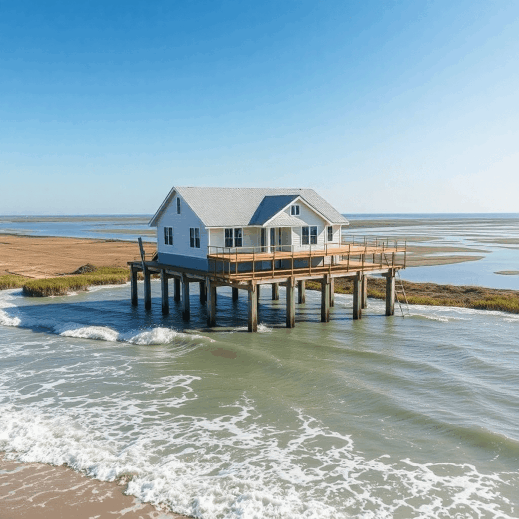 Elevated house on pile foundations above water with waves, near shoreline and tidal canals under clear sky, depicting flood-resilient coastal const...