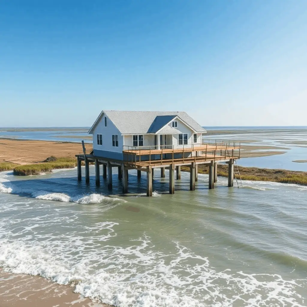 Elevated house on pile foundations above water with waves, near shoreline and tidal canals under clear sky, depicting flood-resilient coastal const...