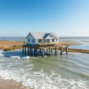 Elevated house on pile foundations above water with waves, near shoreline and tidal canals under clear sky, depicting flood-resilient coastal const...