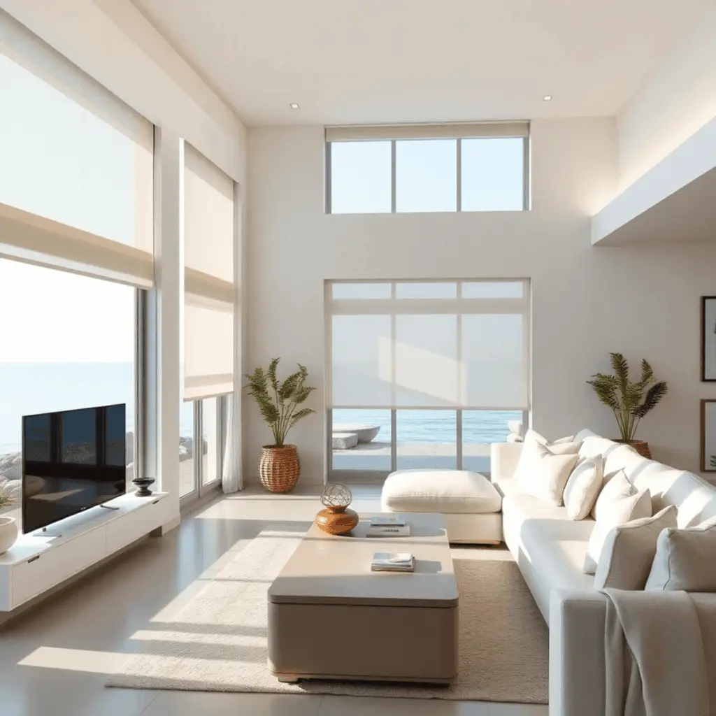 Interior of a coastal luxury home with soft white smart lighting, motorized shades partially open to an ocean view, featuring durable high-end mate...