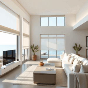 Interior of a coastal luxury home with soft white smart lighting, motorized shades partially open to an ocean view, featuring durable high-end mate...