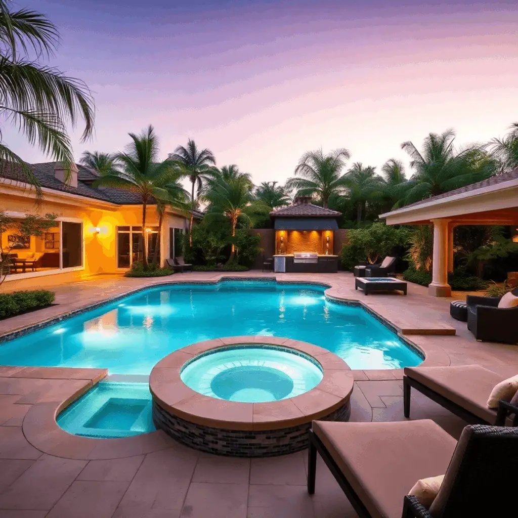 Luxurious backyard with custom pool and spa, tropical landscaping, outdoor kitchen, ambient lighting, and comfortable seating under a clear evening...