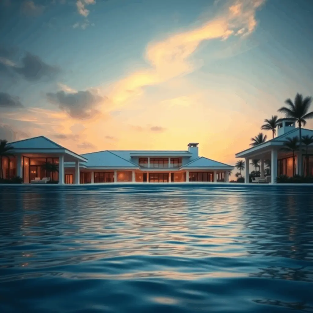 Luxurious coastal home at sunset with calm water, modern smart flood sensors near foundation, and soft light reflecting on water, blending elegance...