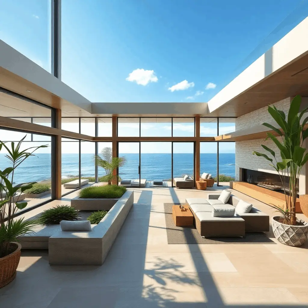 Luxurious coastal home interior with large glass walls showcasing ocean views, natural light, stone and wood finishes, lush greenery, and an open a...