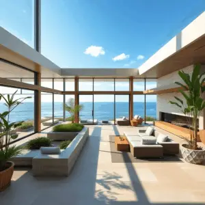 Luxurious coastal home interior with large glass walls showcasing ocean views, natural light, stone and wood finishes, lush greenery, and an open a...