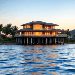 Luxurious coastal home on pilings overlooking calm waters at sunset, surrounded by lush greenery and gentle waves under a clear sky.