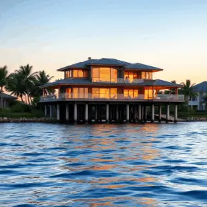 Luxurious coastal home on pilings overlooking calm waters at sunset, surrounded by lush greenery and gentle waves under a clear sky.