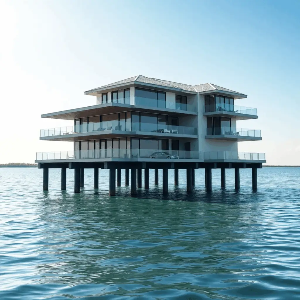 Luxurious elevated waterfront home with modern design on sturdy foundation piles above calm coastal waters under a bright sky.