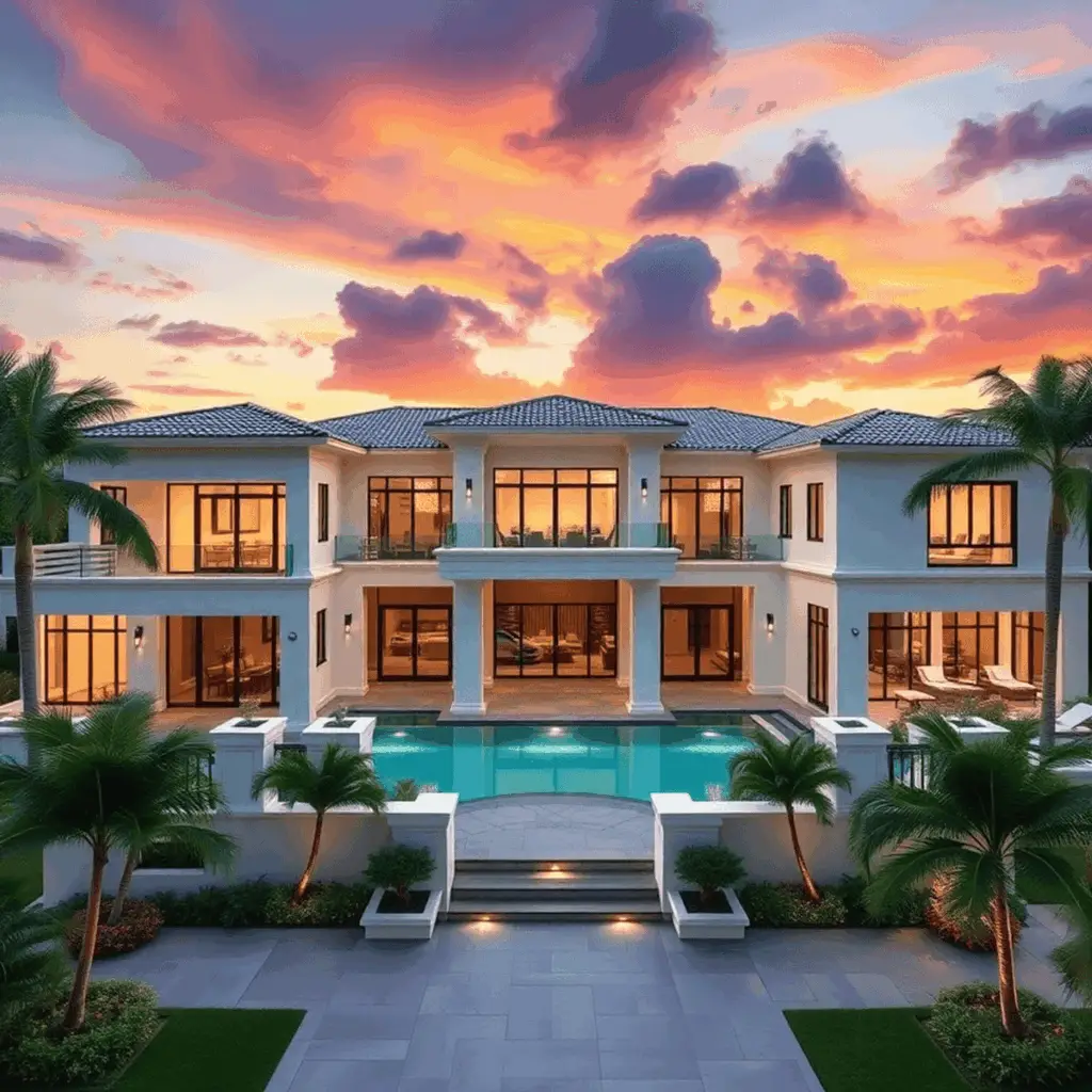Luxurious modern South Florida home at sunset with spacious wings, private entrances, lush tropical landscaping, and a sparkling pool in a resort-s...