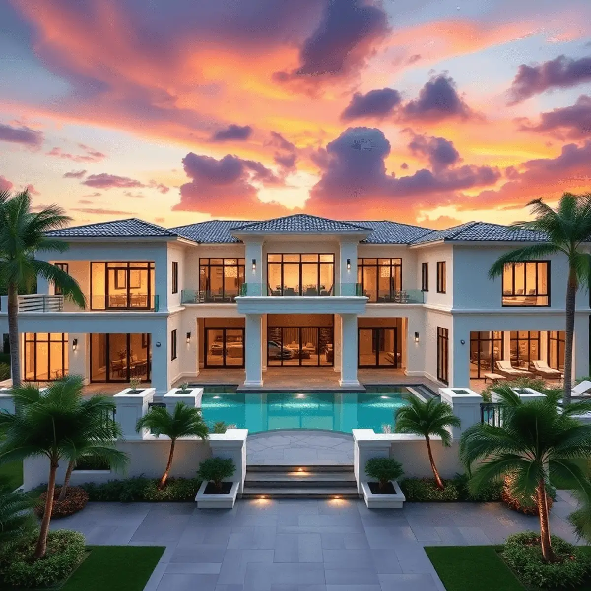 Multi-generational luxury homes in South Florida: modern estate at sunset with separate wings and shared indoor-outdoor living