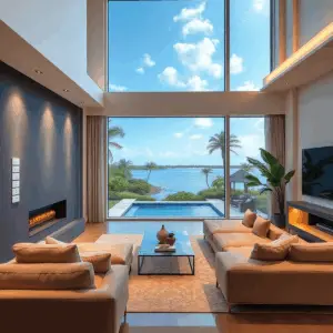 Luxurious modern home interior with sleek smart technology, ambient lighting, large windows showing sunny waterfront and lush tropical landscaping.