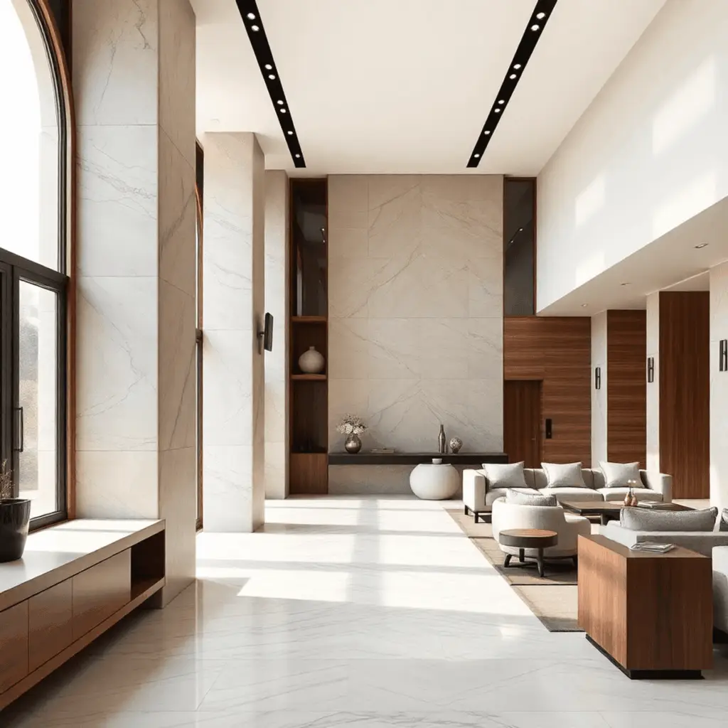 Luxurious modern interior blending classic details with stone and wood finishes, soft natural light, and subtle integrated mechanical elements in a...