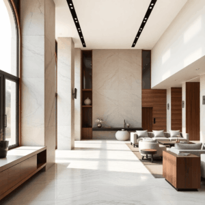 Luxurious modern interior blending classic details with stone and wood finishes, soft natural light, and subtle integrated mechanical elements in a...