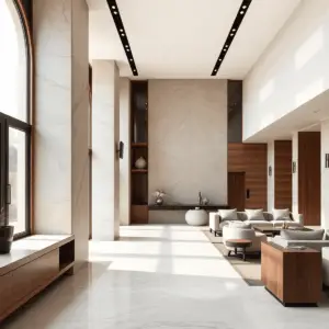 Luxurious modern interior blending classic details with stone and wood finishes, soft natural light, and subtle integrated mechanical elements in a...