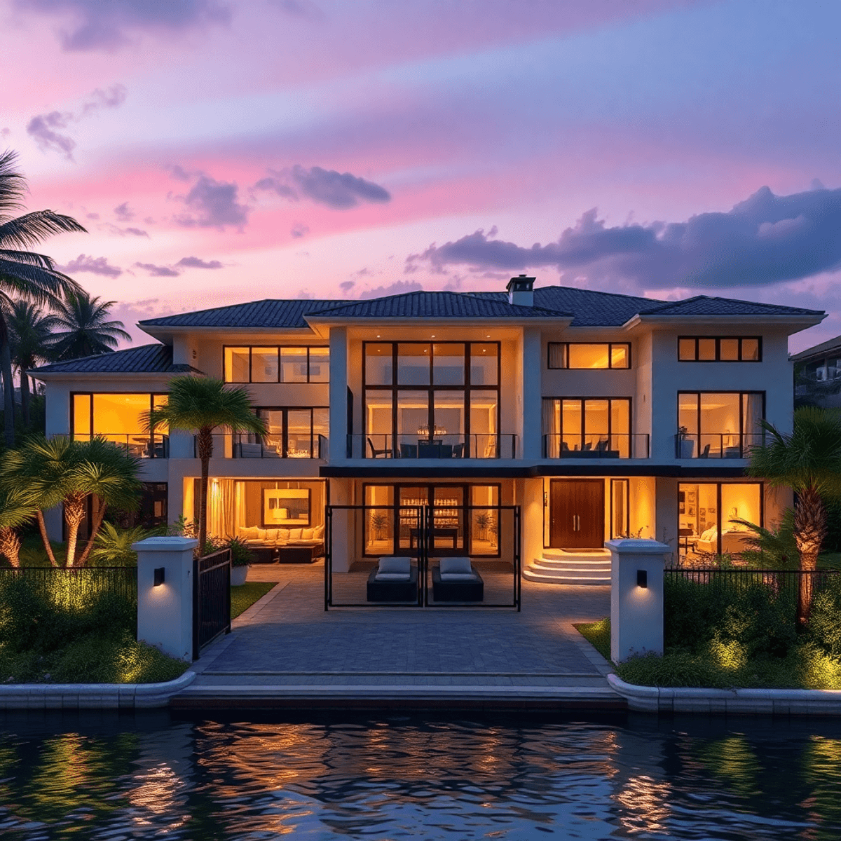 Modern waterfront estate at dusk with gated entry, reinforced doors, ambient security lighting, and lush landscaping