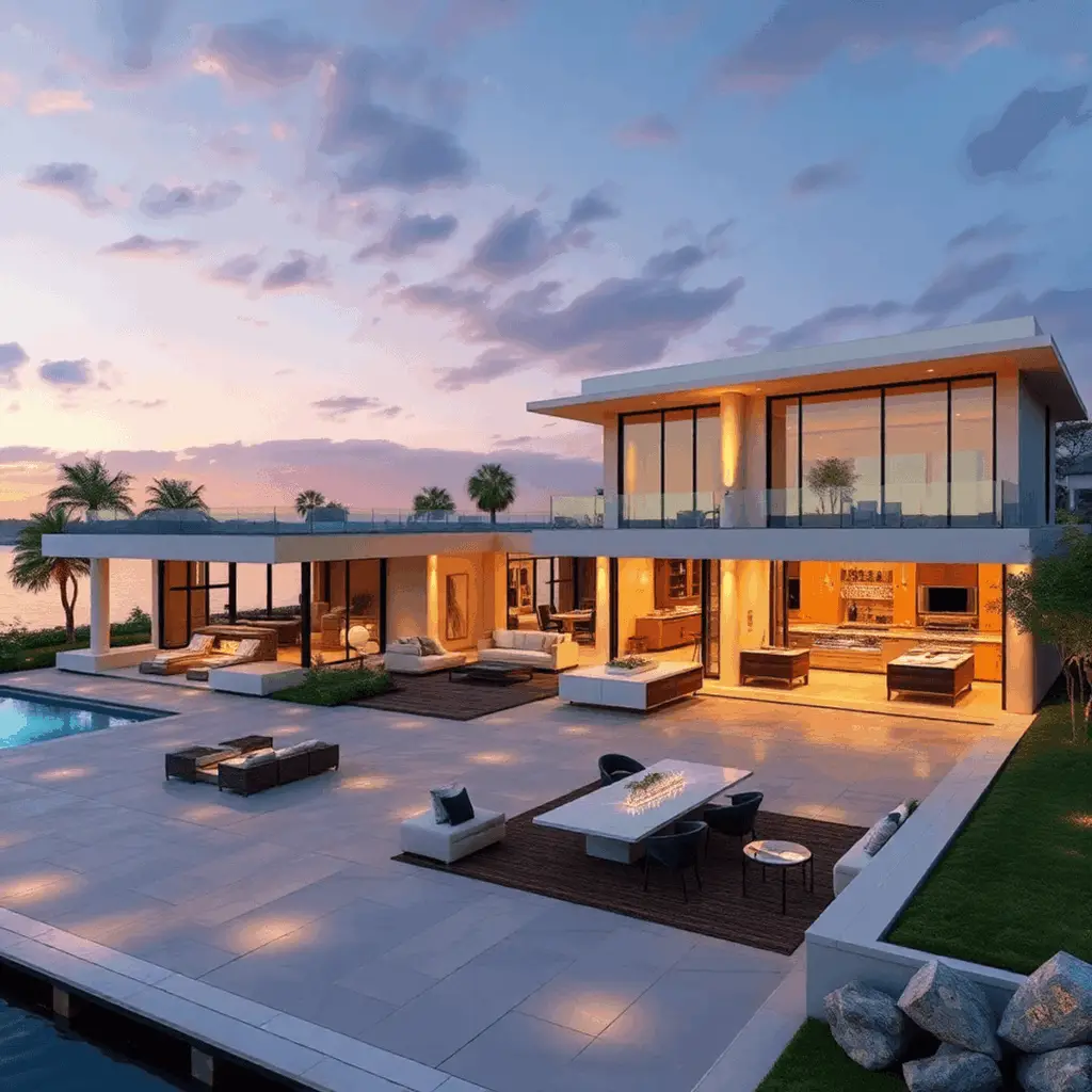 Luxurious modern waterfront estate with open floor plan, elegant lounge, chef’s kitchen, bar area, and grand driveway illuminated by warm sunset li...