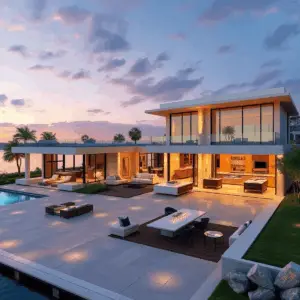 Luxurious modern waterfront estate with open floor plan, elegant lounge, chef’s kitchen, bar area, and grand driveway illuminated by warm sunset li...