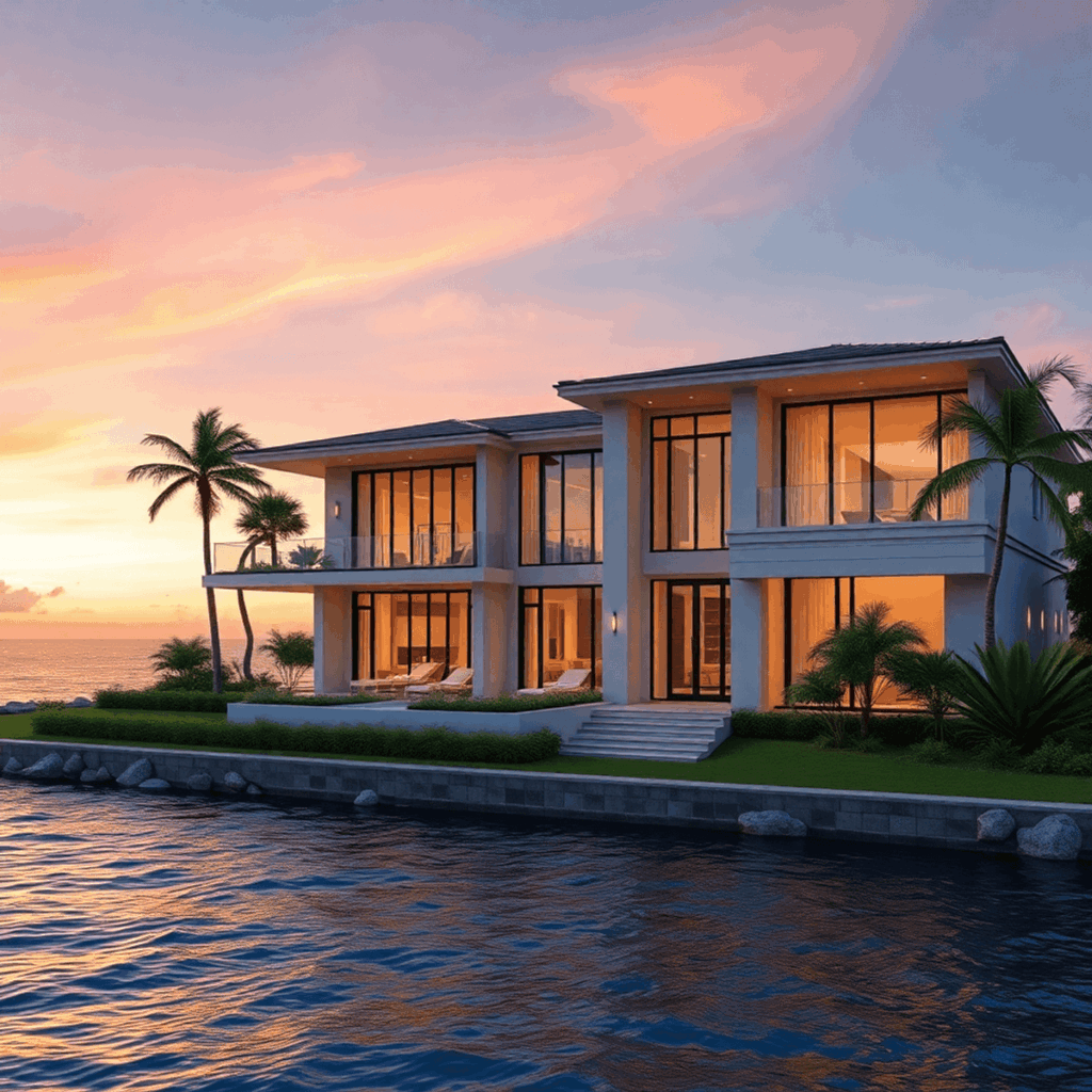 Luxurious modern waterfront home at sunset with elegant architecture, lush tropical landscaping, and calm ocean waves in a serene setting.