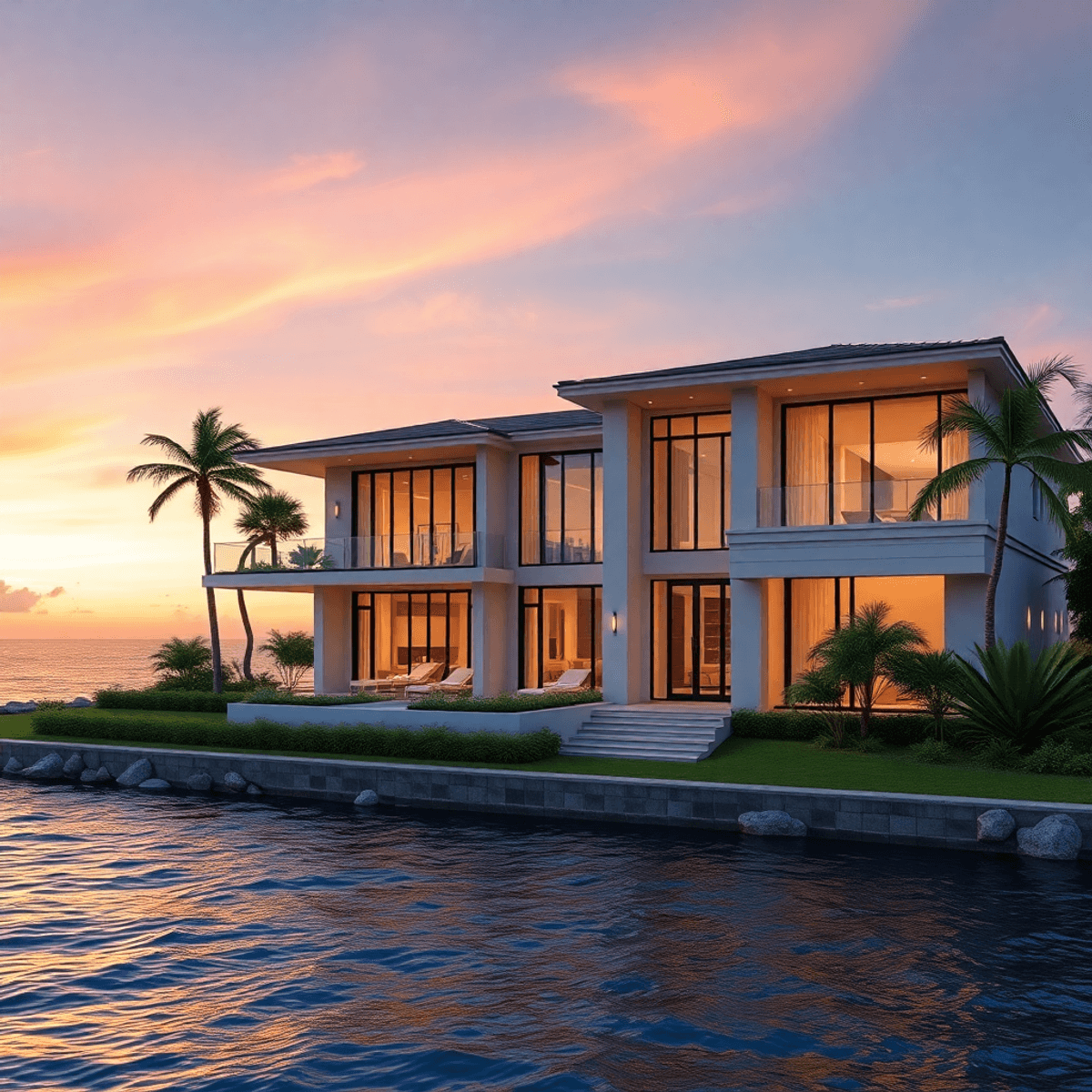 Modern waterfront residence at sunset above a stone-edged bank on a calm Fort Lauderdale waterway