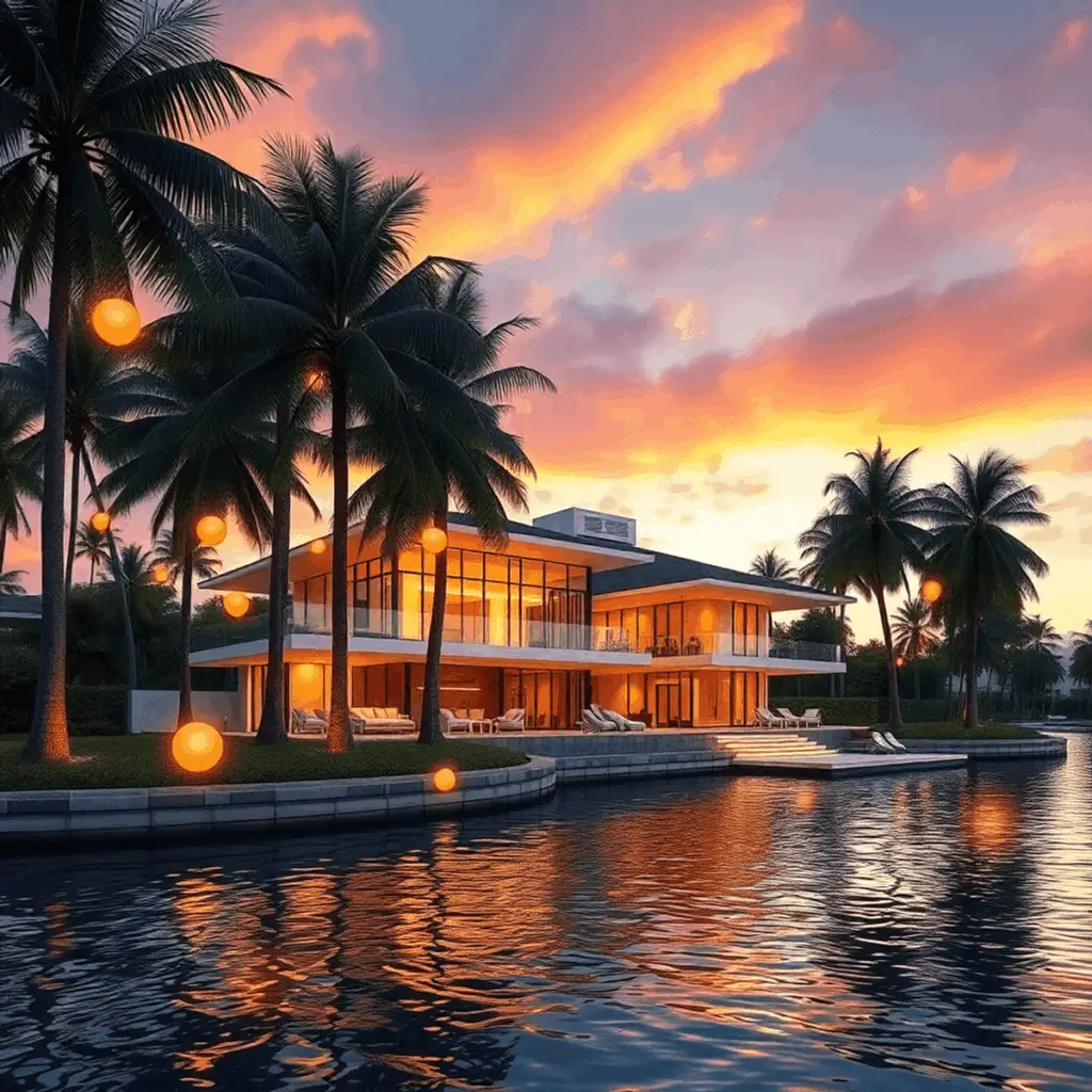 Foreign luxury home buyers evaluating a Florida waterfront estate at sunset