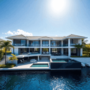 Luxurious modern waterfront home with large glass windows, sleek poolside, tropical landscaping, and calm blue water under bright sunlight.