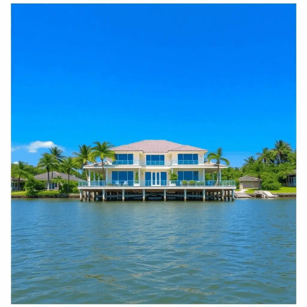 Luxurious waterfront home on stilts above calm floodwaters, surrounded by tropical plants under a bright blue sky.