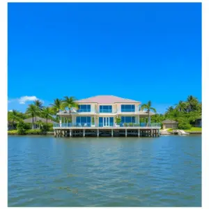 Luxurious waterfront home on stilts above calm floodwaters, surrounded by tropical plants under a bright blue sky.