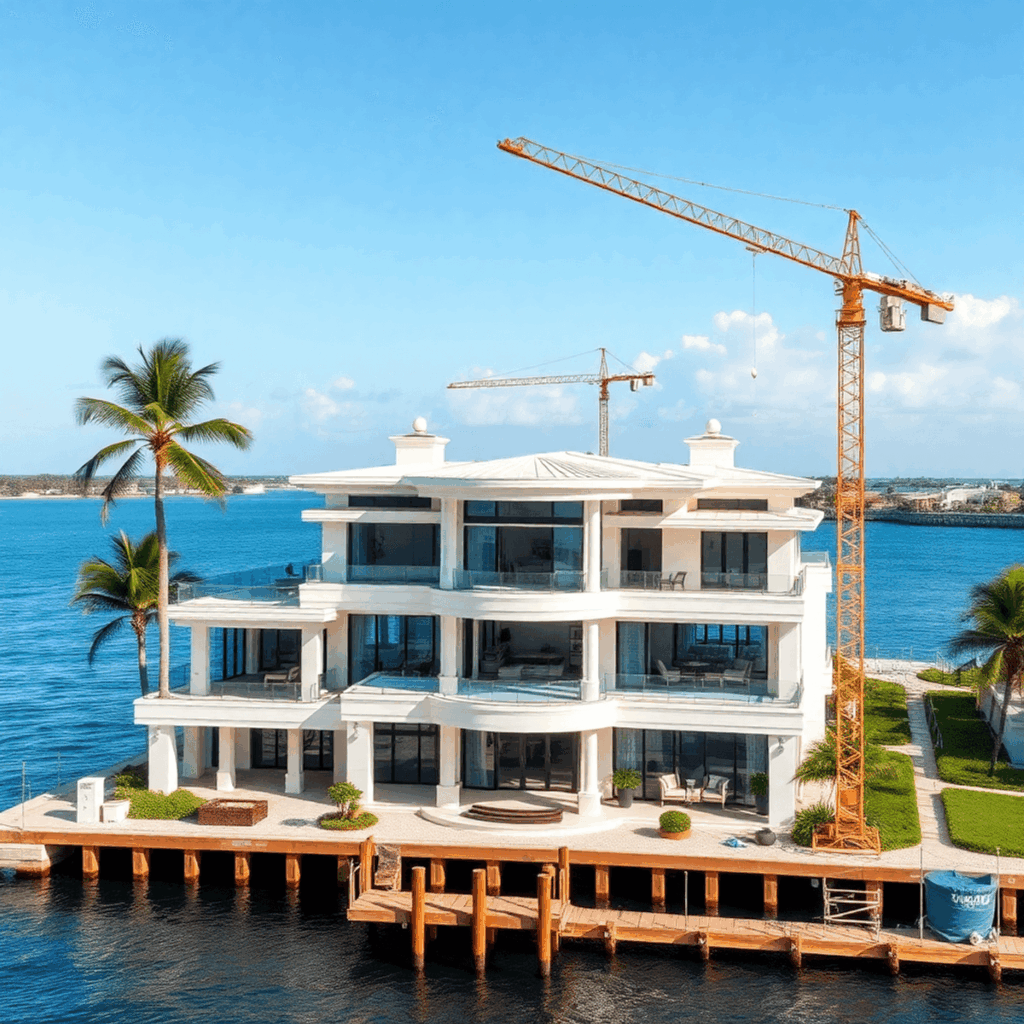 Luxurious waterfront home under construction with cranes, palm trees, and calm blue water in a sunny South Florida setting.